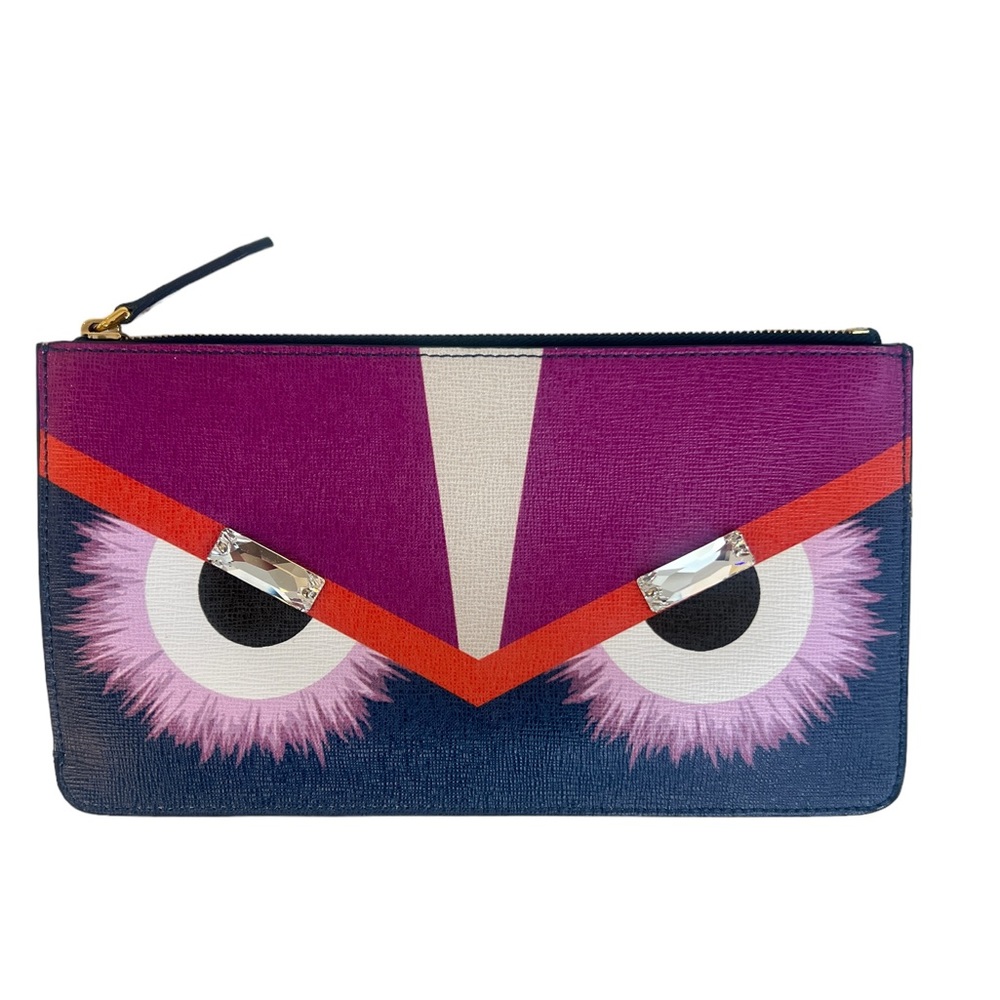 FENDI Vitello Elite Crystal Eye Monster Zip Pouch Cobalt Multicolor